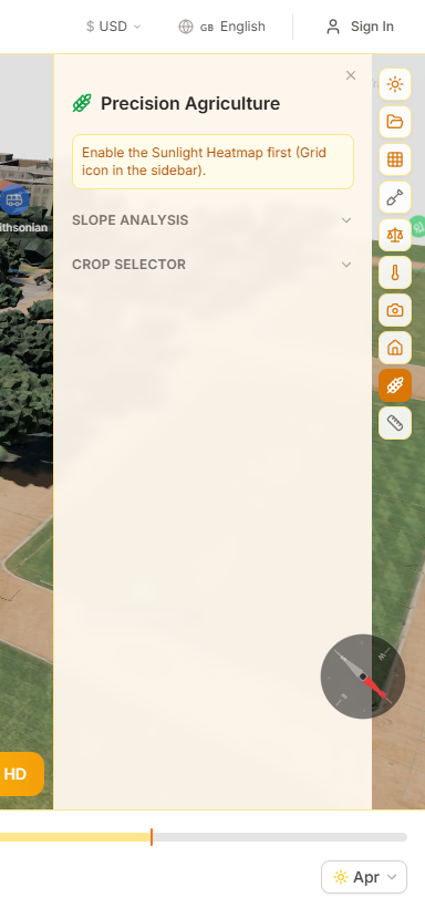 Agriculture panel showing crop suitability map, greenhouse configuration, and seasonal heatmap