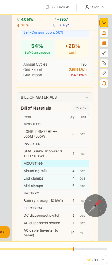 Bill of Materials table with component quantities and categories
