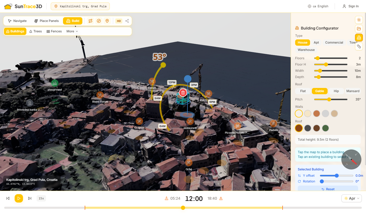 Build mode showing the building configurator sidebar and a placed building in the 3D scene