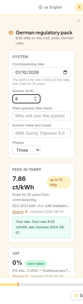 The Tariffs and Compliance panel showing a feed-in tariff of 7.86 ct per kWh in the up-to-10-kWp band, fixed for 20 years, with its EEG citation and source link, and VAT at 0 percent marked zero-rated under section 12 paragraph 3 UStG