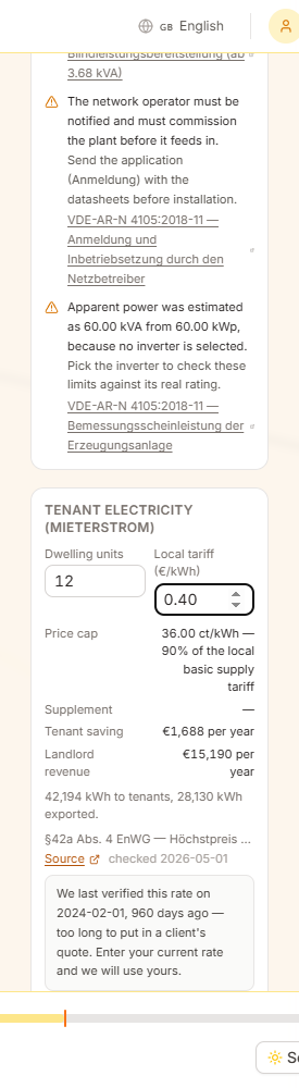 Tenant electricity for twelve units: a price cap of 36 ct per kWh at 90 percent of the local basic supply tariff, the annual tenant saving and landlord revenue, and the split between electricity consumed by tenants and exported