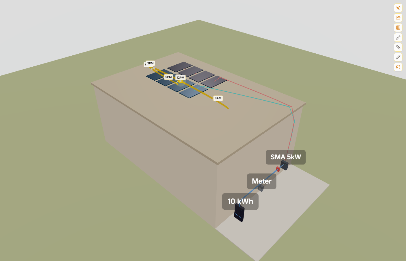 Complete engineering system showing solar panels on roof with inverter, meter, battery, and wiring cables in the 3D viewer