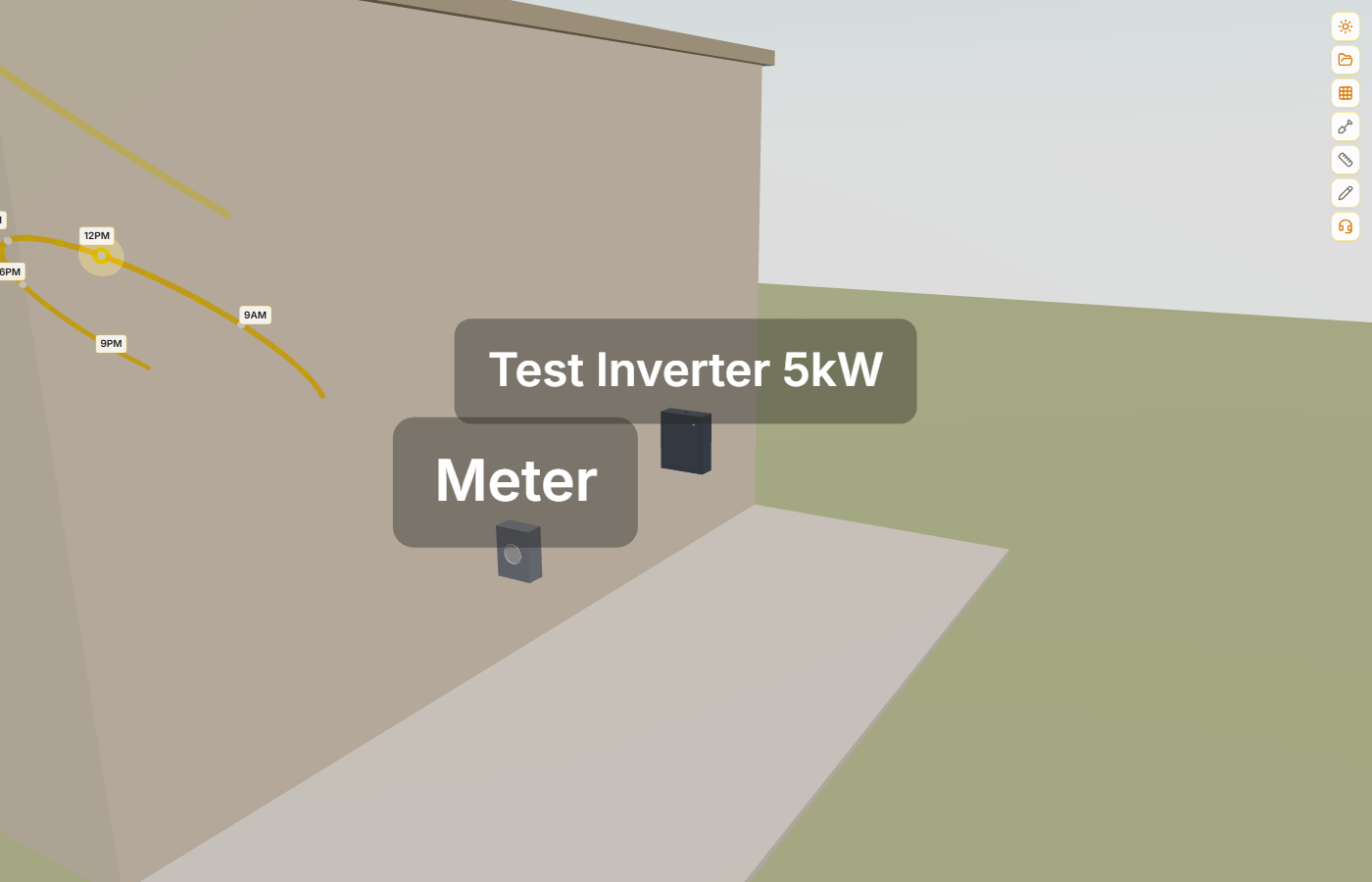 3D view of inverter and meter placed on the building wall in the viewer