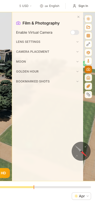 Film & photography panel showing golden hour timing, camera placement, and lens preview