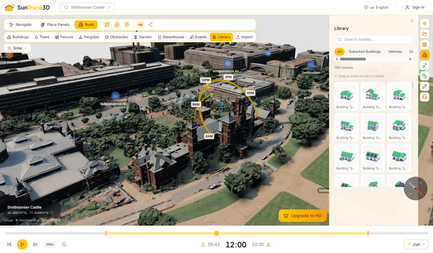 3D Model Library panel with category filtering and thumbnail grid