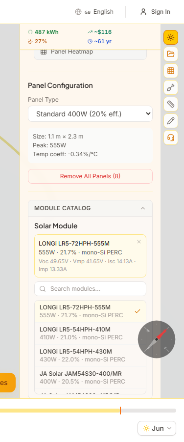Module Catalog showing solar module selection with electrical specifications