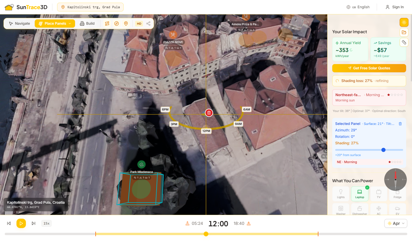 Panel tilt slider adjusting the inclination angle of a placed solar panel