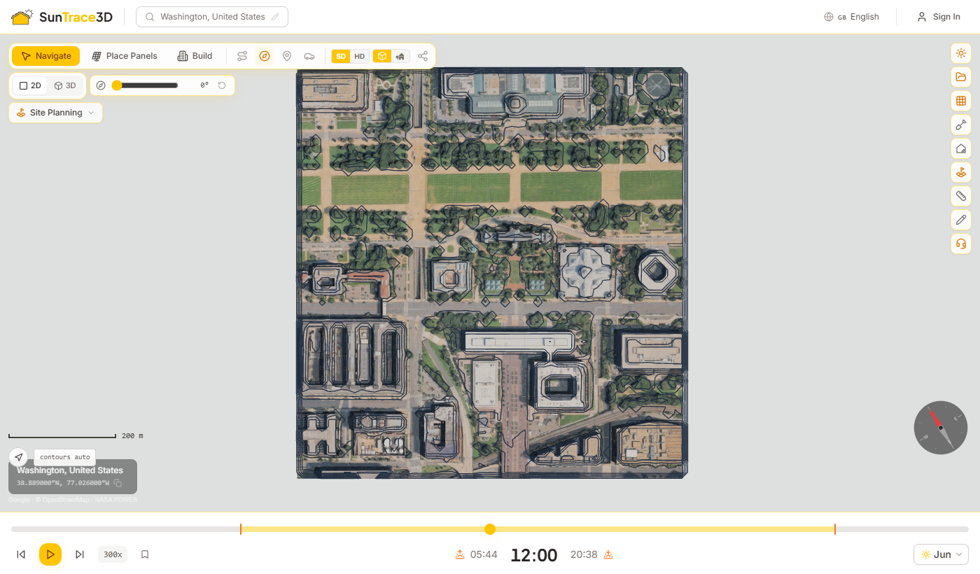 Plan mode top-down orthographic view with contours, scale bar and project north control