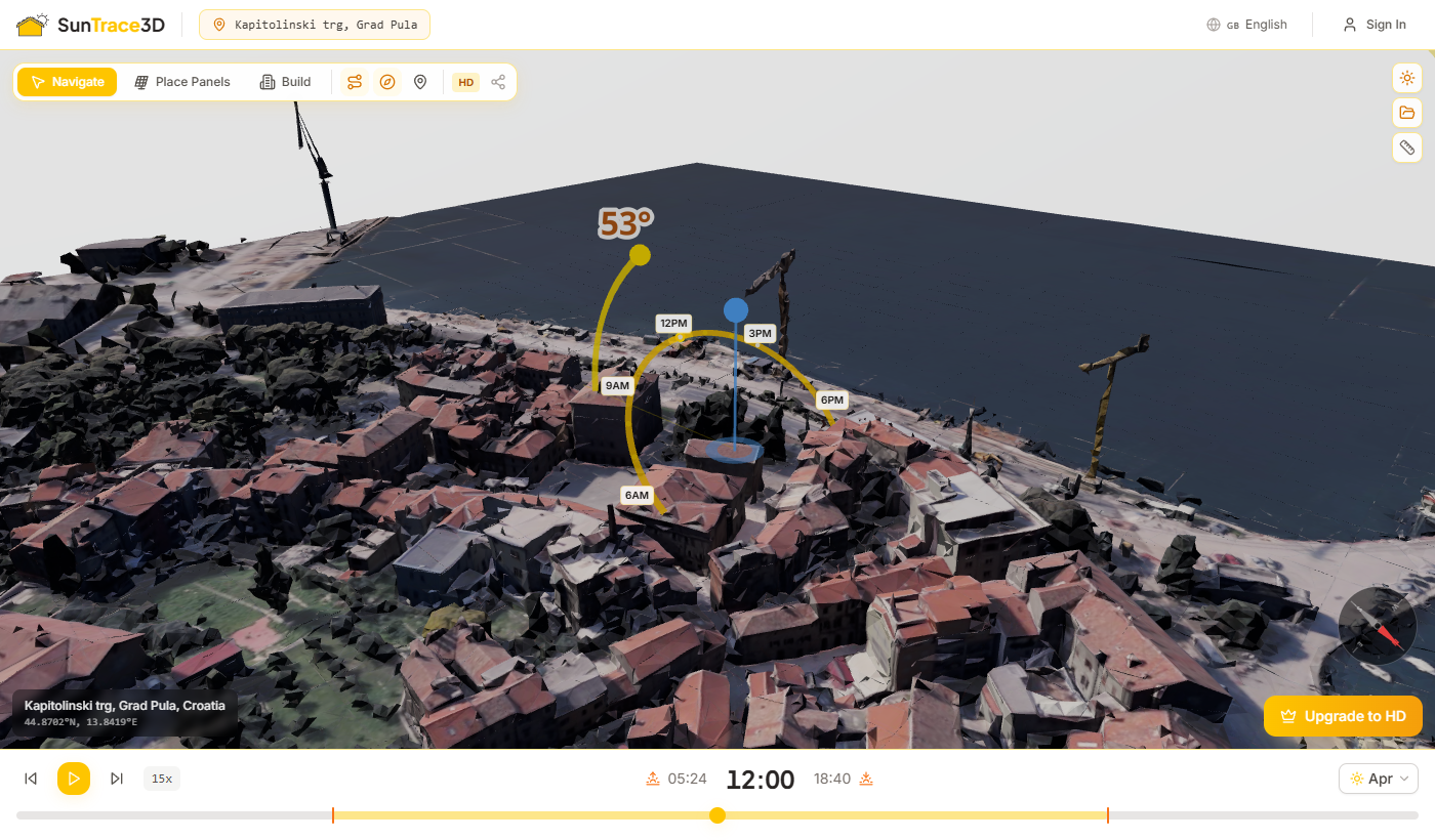 Points of Interest overlaid on the 3D scene showing nearby amenities