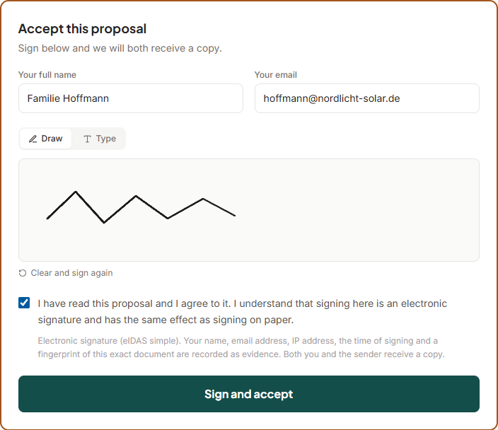 The signature block: name and email fields, a Draw or Type choice, a handwritten signature, and a ticked consent checkbox with its full wording shown