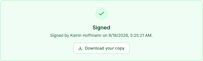 The proposal after signing: a green confirmation naming the signer and the date, with a link to download the signed copy
