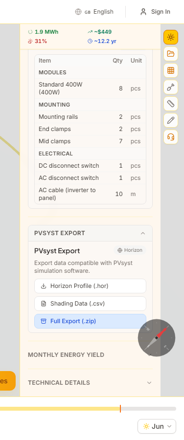 PVsyst export panel with horizon profile, shading CSV, and full export ZIP download buttons