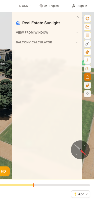 Real estate analysis panel showing window view preview, balcony sun hours, and property solar score