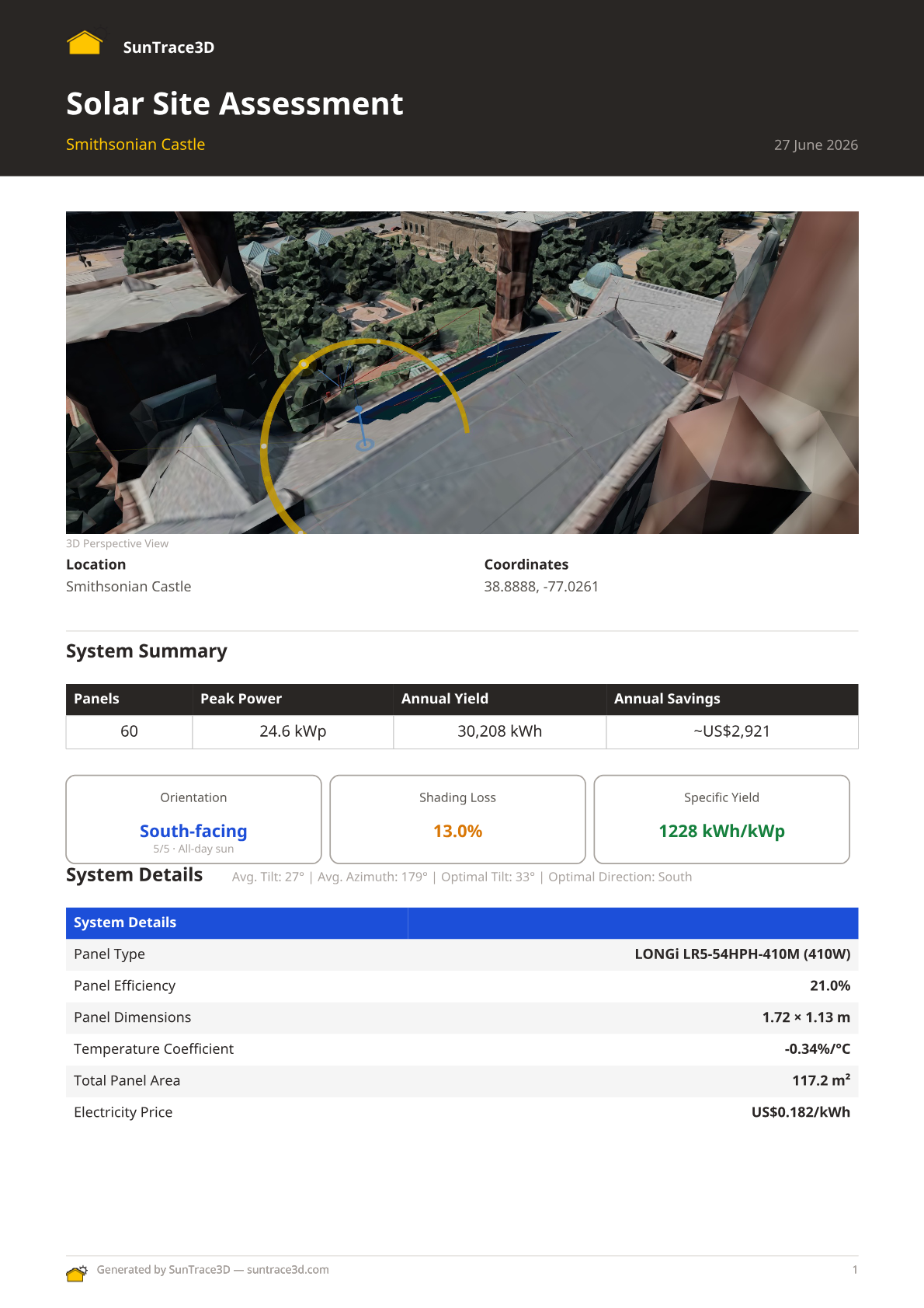 Solar Site Assessment report cover page with 3D view and system summary