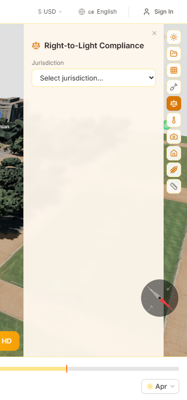 Right-to-light compliance panel showing window analysis with VSC and APSH indicators