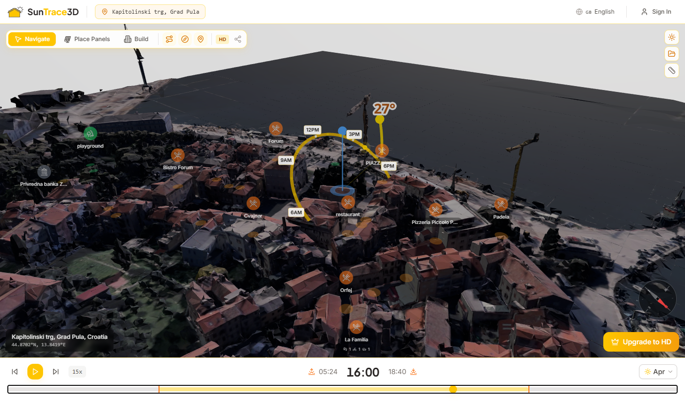 Shadow simulation showing building shadows at different times of day