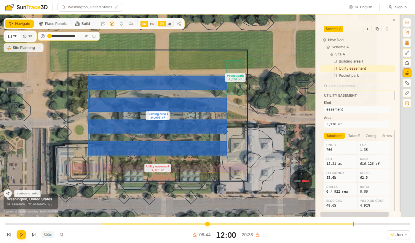 Navigation tree listing a building area, an easement and an open space, drawn on the parcel