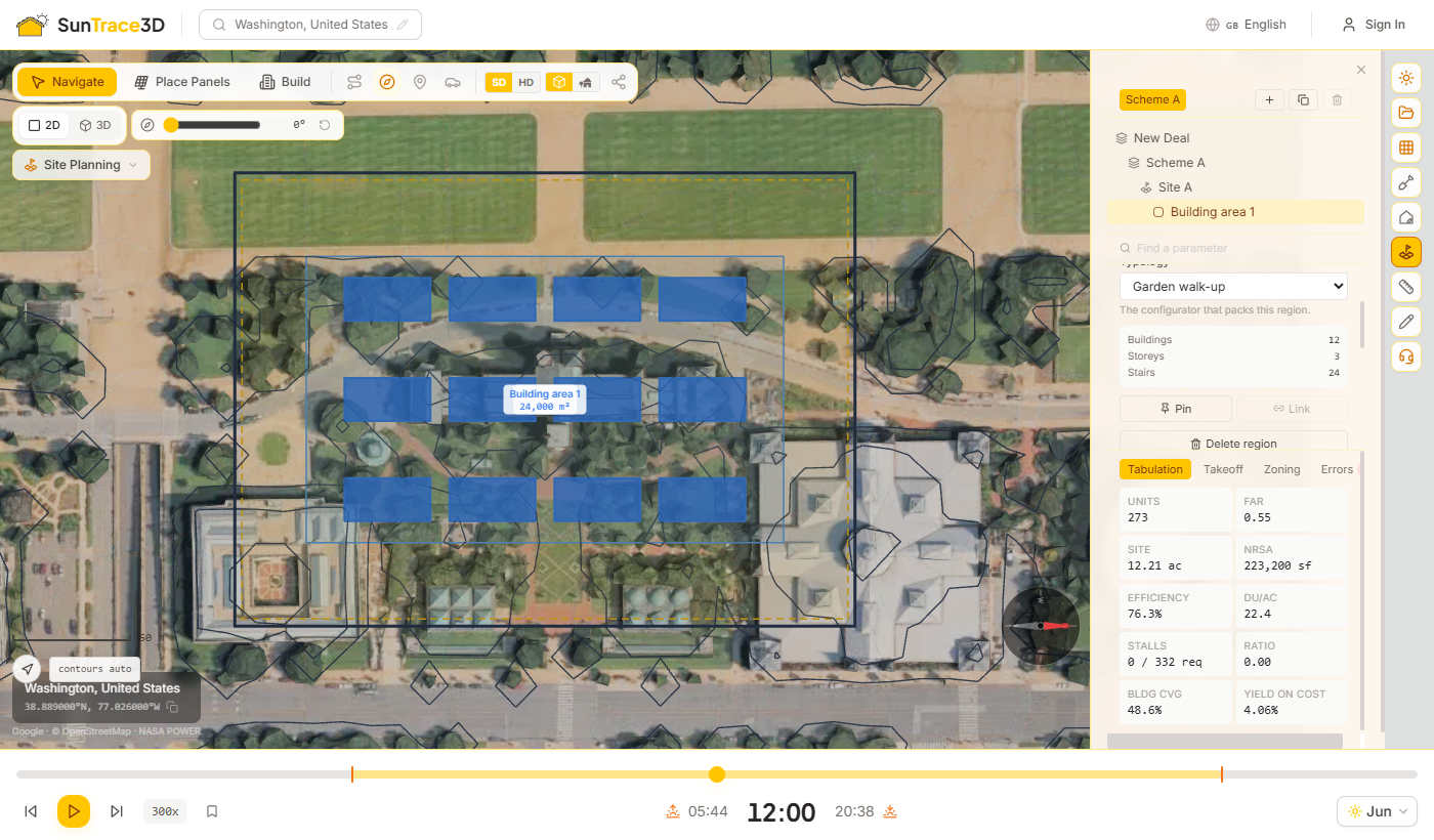 Garden walk-up typology: a grid of small buildings with parking courts and its figures