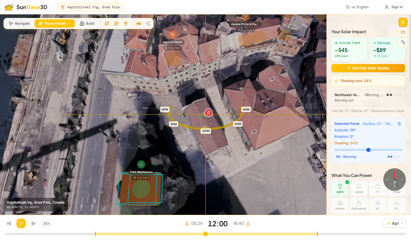 Virtual solar panels placed on a rooftop with energy calculations