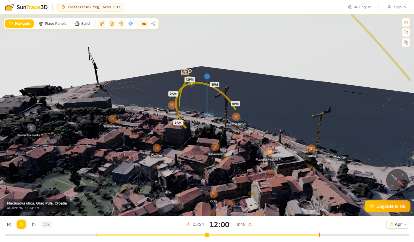 Sun path arc visualization across the sky
