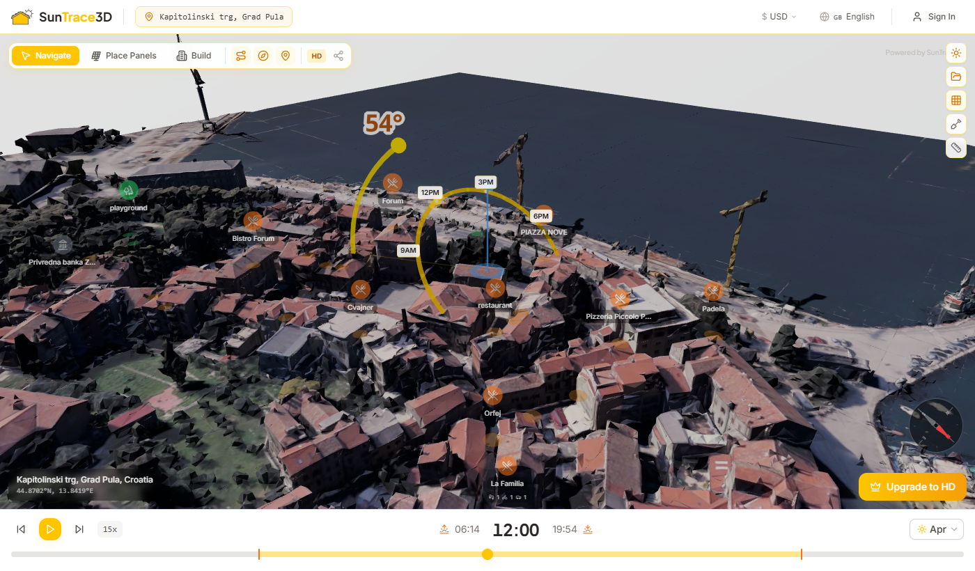Sunlight heatmap overlay showing sun hours across the ground plane