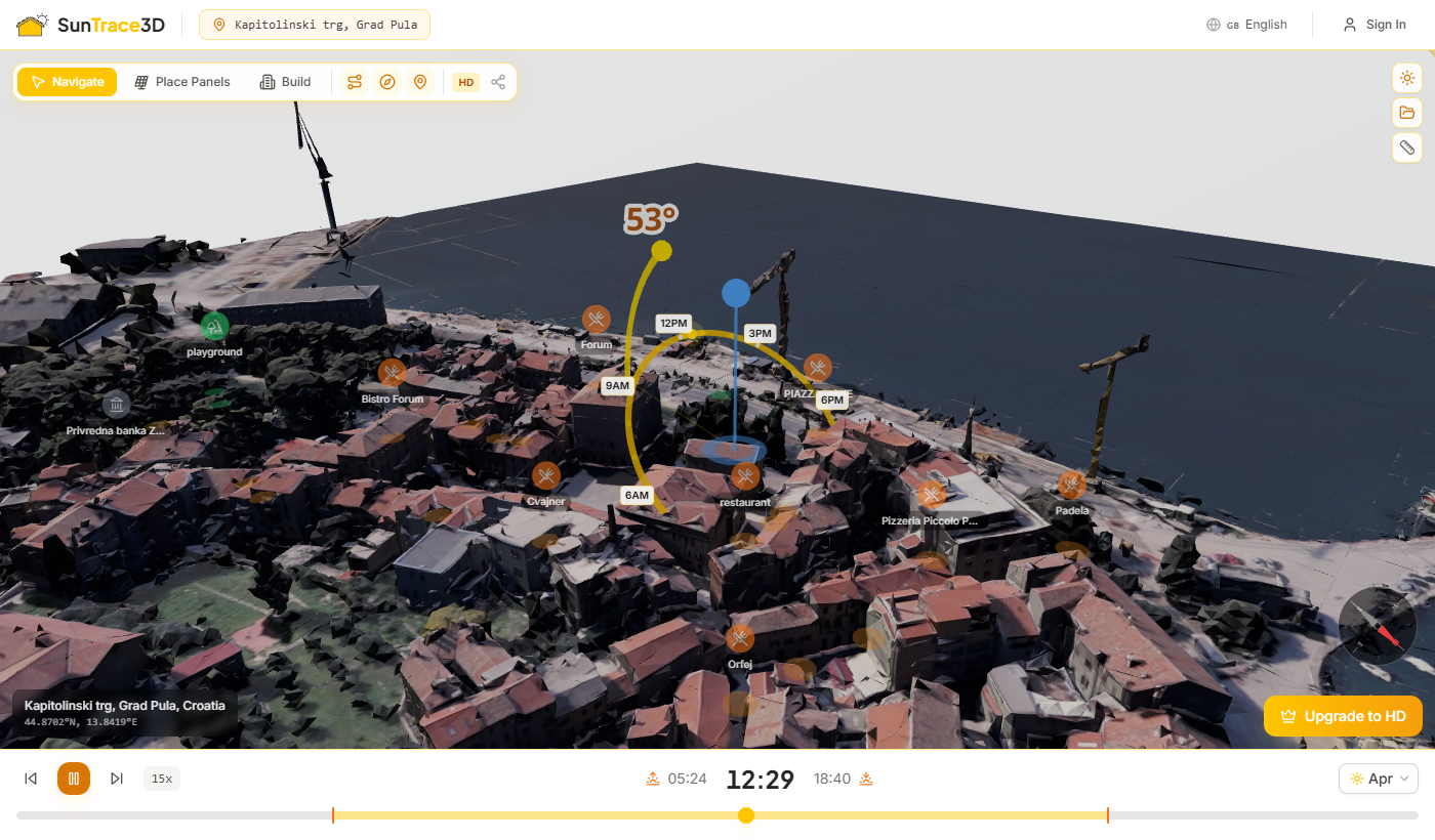 Sun animation controls showing play/pause button and time slider