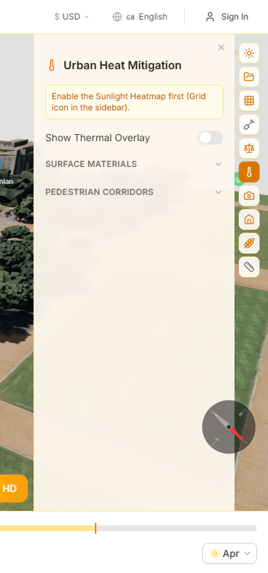Urban heat analysis showing surface temperature overlay and pedestrian corridor shade coverage