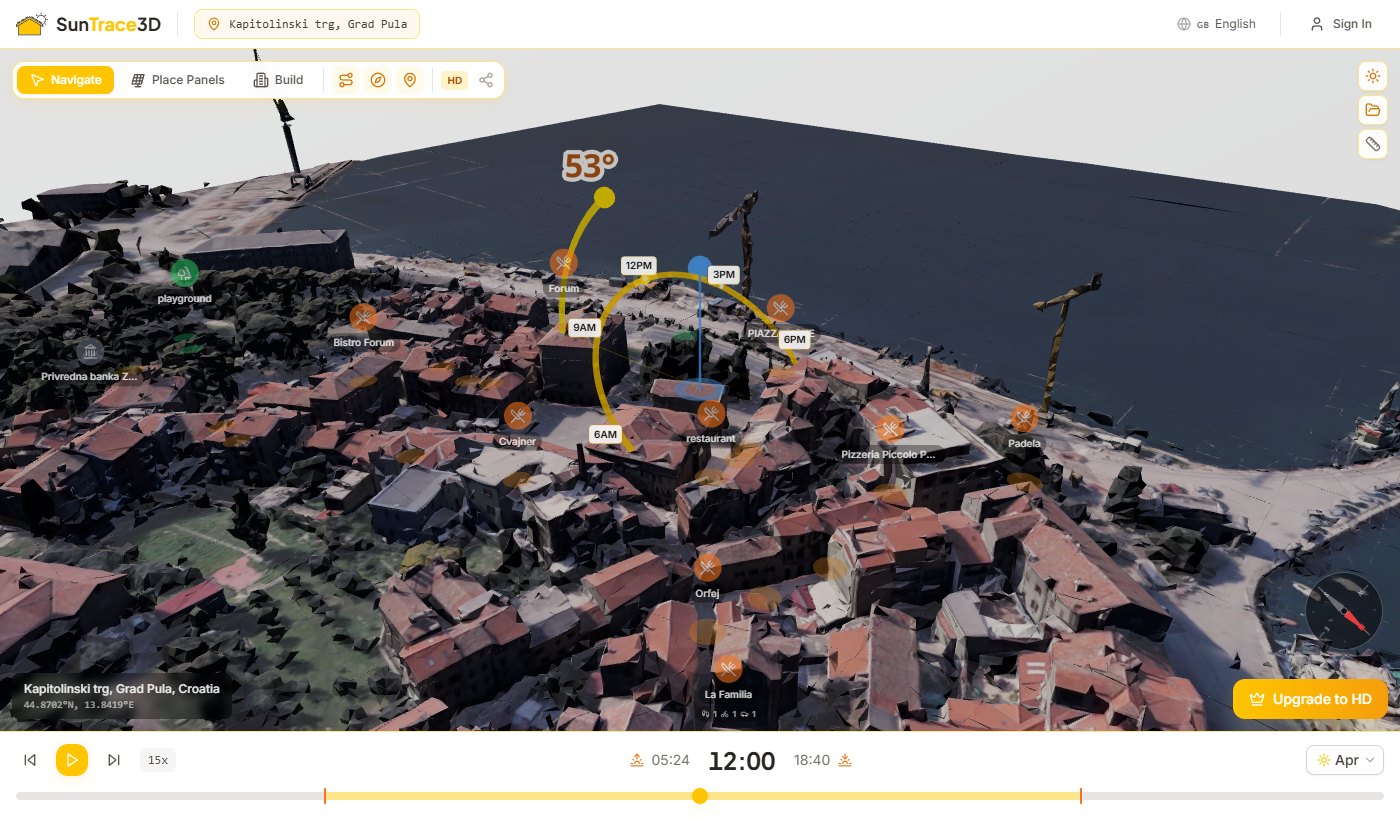 SunTrace3D viewer overview showing 3D city model with shadows